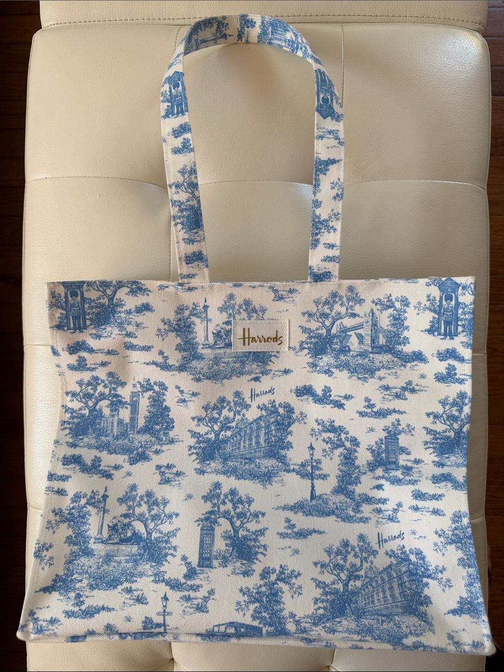 Harrods Cream and Blue Toile Canvas Shopper